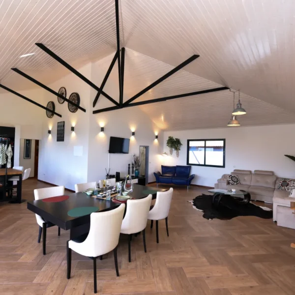 De woon- en eetgedeelte in loft-stijl